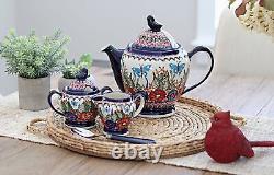 Blue Rose Polish Pottery Floral Butterfly Coffee Pot