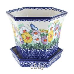 Blue Rose Polish Pottery Pastel Garden Hexagonal Flower Pot