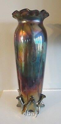 Bohemian Amethyst LUSTER Pulled Feather Swirl Glass Footed VASE Blown