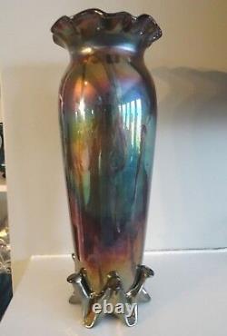 Bohemian Amethyst LUSTER Pulled Feather Swirl Glass Footed VASE Blown