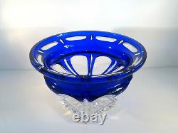 Bohemian Czech Cobalt Blue Cut to Clear Crystal Glass Footed Pedestal Bowl