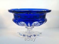 Bohemian Czech Cobalt Blue Cut to Clear Crystal Glass Footed Pedestal Bowl