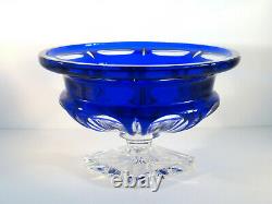 Bohemian Czech Cobalt Blue Cut to Clear Crystal Glass Footed Pedestal Bowl