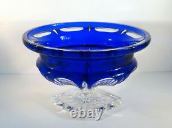 Bohemian Czech Cobalt Blue Cut to Clear Crystal Glass Footed Pedestal Bowl