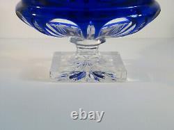 Bohemian Czech Cobalt Blue Cut to Clear Crystal Glass Footed Pedestal Bowl