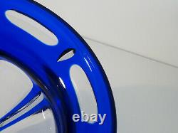 Bohemian Czech Cobalt Blue Cut to Clear Crystal Glass Footed Pedestal Bowl