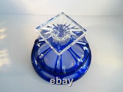 Bohemian Czech Cobalt Blue Cut to Clear Crystal Glass Footed Pedestal Bowl