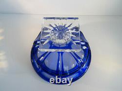 Bohemian Czech Cobalt Blue Cut to Clear Crystal Glass Footed Pedestal Bowl