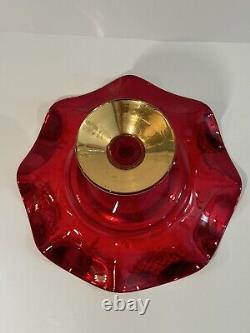 Bohemian Czech Crystal Crimson/Gold 12 In Dia. Scalloped Edge Bowl Flowers