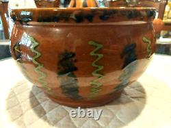 Breininger Red Glaze Brown Sponge Redware 8 1/2 x 5 Pot Bowl Signed April 2002