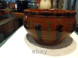 Breininger Red Glaze Brown Sponge Redware 8 1/2 x 5 Pot Bowl Signed April 2002