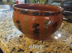 Breininger Red Glaze Brown Sponge Redware 8 1/2 x 5 Pot Bowl Signed April 2002