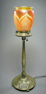 Bronze Columnar Lamp Base with Quezal Shade Signed c. 1902-24 Tiffany Steuben Era