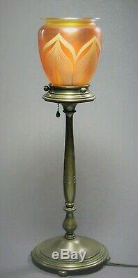 Bronze Columnar Lamp Base with Quezal Shade Signed c. 1902-24 Tiffany Steuben Era