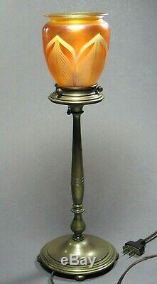 Bronze Columnar Lamp Base with Quezal Shade Signed c. 1902-24 Tiffany Steuben Era