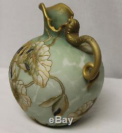 Bulbous Ewer with snake handle signed Crown Milano Mt Washington Art Glass