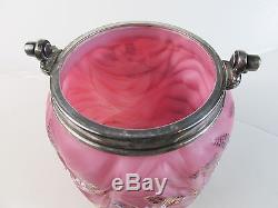 C1890 MT WASHINGTON Art Glass Cracker JAR-Pink Satin DRAPE withFloral Enamel