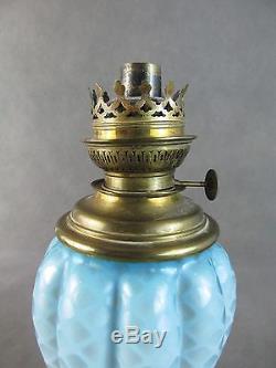 C1890 Victorian MOTHER OF PEARL Air Trap Glass LAMPBlue Diamond Quilted NR