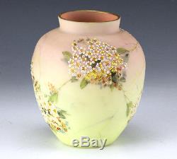 C 1900 Burmese by Mt Washington Art Glass Hand painted Raised Enamel Urn Vase