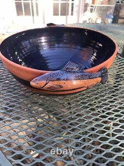 Cape Breton Clay / Bell Fraser Trout Handled Bowl 12 across Signed on base 2001