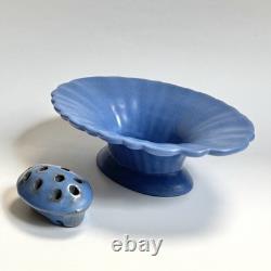 Catalina Island Pottery Matte Blue Fluted Bowl & Flower Frog Early California