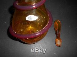 Cool Amber and Red 15 Threaded Glass Decanter with Original Tag by Blenko