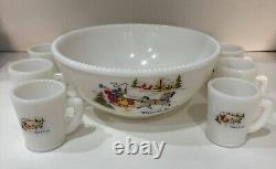Currier & Ives McKee Milk Glass Tom and Jerry Punch/Eggnog Set 7 Piece