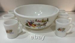 Currier & Ives McKee Milk Glass Tom and Jerry Punch/Eggnog Set 7 Piece