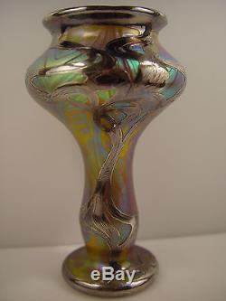 Czech Loetz Art Nouveau Sterling Overlay Pulled Feather Iridescent Glass Vase