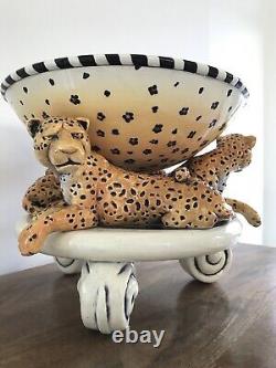 DaNisha Triple Leopard Limited Edition Ceramic 2pc Sculpture And Bowl 16X12 Art