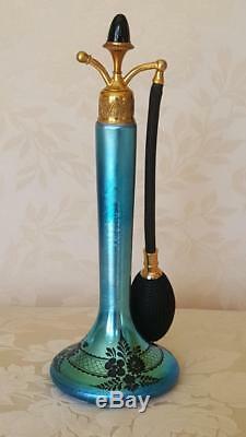 DeVilbiss 1920's Steuben with Hawks Cut Blue Aurene Glass Perfume Atomizer Bottle