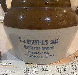 Decorah Iowa F. J. Rosenthal's Sons Ceramic Baked Bean Bowl Crock 1887 Very Rare