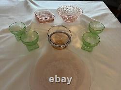 Depression Uranium Glass Green And Pink. Lot Of 8 Pieces