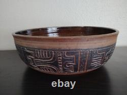 Doug Lee Pottery Hand Carved Bowl 14x5 Signed Mesoamerican