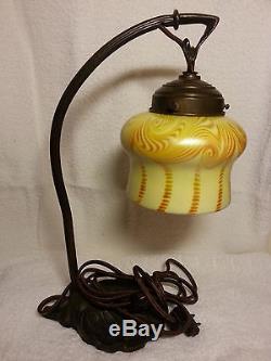 Extreme Rare Signed Steuben Aurene Hooked Feather Art Nouveau Lamp & Shade 1910