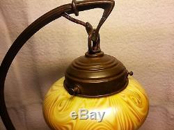 Extreme Rare Signed Steuben Aurene Hooked Feather Art Nouveau Lamp & Shade 1910