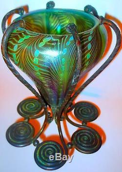 Early Louis C. Tiffany Favrile Glass Bronze Mounted Decorated Vase