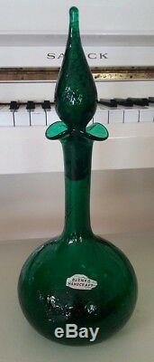 Emerald Green Crackle Glass Blenko Decanter Pointy Stopper And Metal Label