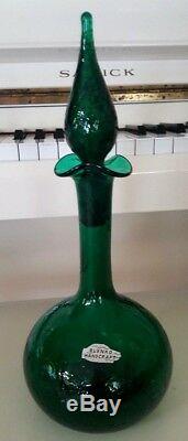 Emerald Green Crackle Glass Blenko Decanter Pointy Stopper And Metal Label