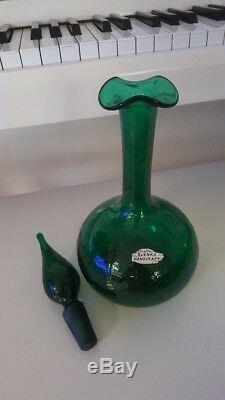 Emerald Green Crackle Glass Blenko Decanter Pointy Stopper And Metal Label
