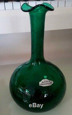 Emerald Green Crackle Glass Blenko Decanter Pointy Stopper And Metal Label