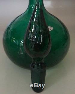 Emerald Green Crackle Glass Blenko Decanter Pointy Stopper And Metal Label