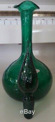 Emerald Green Crackle Glass Blenko Decanter Pointy Stopper And Metal Label