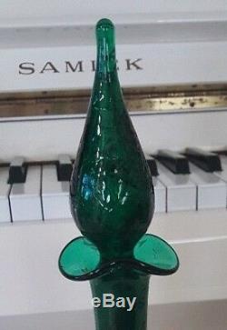 Emerald Green Crackle Glass Blenko Decanter Pointy Stopper And Metal Label