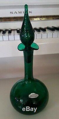 Emerald Green Crackle Glass Blenko Decanter Pointy Stopper And Metal Label