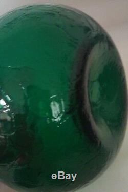 Emerald Green Crackle Glass Blenko Decanter Pointy Stopper And Metal Label