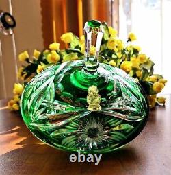 Emerald Green Cut to Clear Lead Crystal Footed Covered Candy Bowl Bonbonniere