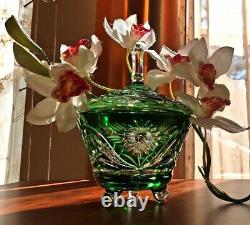 Emerald Green Cut to Clear Lead Crystal Footed Covered Candy Bowl Bonbonniere