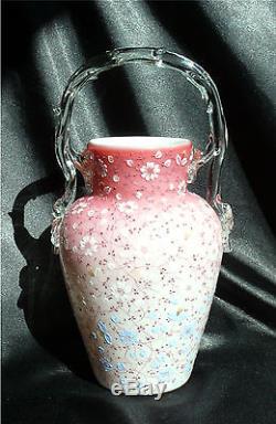 Enamel Decorated Victorian Art Glass Peachblow Cased Basket Vase with Twig Handle