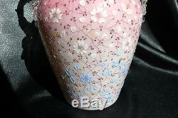 Enamel Decorated Victorian Art Glass Peachblow Cased Basket Vase with Twig Handle